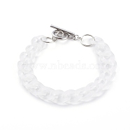 Frosted Transparent Acrylic Curb Chain Bracelets, with 304 Stainless Steel Toggle Clasps, Stainless Steel Color, Clear, 7-1/2 inch(19cm)(BJEW-JB06065)