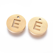 Ion Plating(IP) 304 Stainless Steel Charms, Flat Round with Letter, Golden, Letter.E, 10x1.5mm, Hole: 1mm(STAS-I120-10E-G)