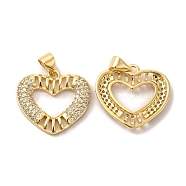 Brass Micro Pave Cubic Zirconia Pendants, Heart Charms, Golden, Clear, 18.5x19.5x2.5mm, Hole: 5.5x3.5mm(KK-A180-15G)