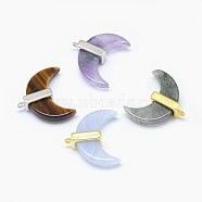 Natural Mixed Stone Pendants, with Long-Lasting Plated Brass Findings, Moon, Mixed Color, 21x22x7mm, Hole: 1.2mm(G-F584-I)