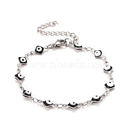 Enamel Rhombus with Evil Eye Link Chains Bracelet, 304 Stainless Steel Jewelry for Women, Stainless Steel Color, Black, 6-5/8 inch(16.8cm)(BJEW-P271-03P-04)