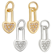16Pcs 2 Colors Brass Micro Pave Clear Cubic Zirconia Charms, with Jump Ring, Heart Lock Charm, Real Gold Plated & Real Platinum Plated, 12.8x6.5x1.7mm, Hole: 3.3mm, 8pcs/color(KK-BBC0006-96)