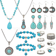 PandaHall Elite Synthetic Turquoise Pendant Necklace & Stretch Bracelets & Dangle Earrings & Ring Jewelry Sets, with Alloy Findings, Mixed Color, Necklaces: 19.92~22.44 inch(50.6~56cm), 3 style, 1pc/style, 3pcs(SJEW-PH0001-13)