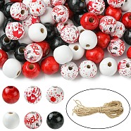 Halloween Theme Printed Natural Wooden Beads, with Jute Cord, Mixed Color, 15.5~16x14.5~15mm, Hole: 3~7mm, 66pcs/set(WOOD-YW0001-22)