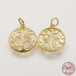 Sterling Silver Pendants, Flat Round with Tree of Life Tree, Golden, 16x14x2mm, Hole: 3mm(X-STER-K029-01G)