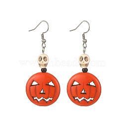 Synthetic Turquoise Pumpkin & Skull Dangle Earrings, 316 Surgical Stainless Steel Jewelry for Halloween, Orange Red, 60.5x25mm(EJEW-TA00240)