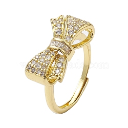 Rack Plating Brass Micro Pave Cubic Zirconia Adjustable Rings, Long-Lasting Plated, Lead Free & Cadmium Free, Bowknot, Real 18K Gold Plated, US Size 8(18.1mm)(RJEW-H224-04G)