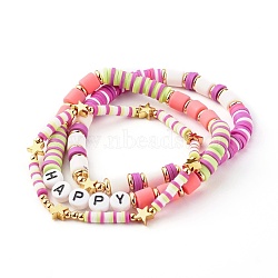 Handmade Polymer Clay Beads Stretch Bracelets Sets, with Brass Beads and Acrylic Enamel Beads, HAPPY, Pink, Inner Diameter: 2-1/8 inch(5.5cm), 3pcs/set(BJEW-JB06353-01)