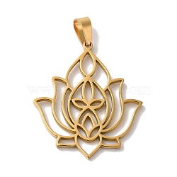 304 Stainless Steel Pendants, Laser Cut, Hollow Lotus Charm, Real 18K Gold Plated, 28x24x1mm, Hole: 6x3mm(STAS-U010-27G)