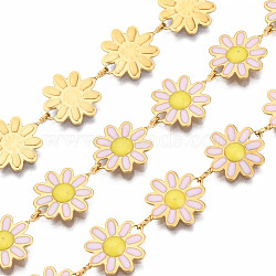 304 Stainless Steel & Enamel Link Chains, with Spool, Unwelded, Real 16K Gold Plated, Nickel Free, Flower, Pearl Pink, 13.5x10x1mm, about 16.4 Feet(5m)/roll(CHS-Q004-001I-NF)