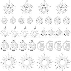 SUPERFINDINGS 32Pcs 8 Style 201/304 Stainless Steel Solar Eclipse Pendants, Laser Cut, Sun & Owl & Flat Round & Star, Stainless Steel Color, 14~32x12~30x0.9~1mm, Hole: 1.4~3mm, 4pcs/style(STAS-FH0001-42)