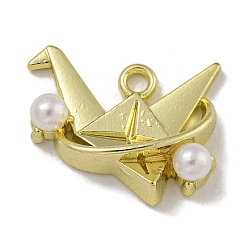 Rack Plating Alloy Pendant, with ABS Imitation Pearl,  Lead Free & Cadmium Free, Origami Crane Charms, Golden, 14x18x5mm, Hole: 1.8mm(PALLOY-F312-70G-01)