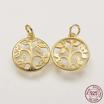 Sterling Silver Pendants, Flat Round with Tree of Life Tree, Golden, 16x14x2mm, Hole: 3mm