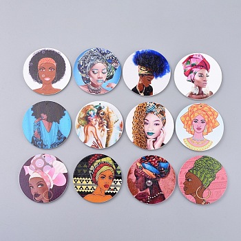 Printed Wooden Big Pendants, Dyed, Flat Round with Fashion Lady, Mixed Color, 60x2.5mm, Hole: 1.5mm