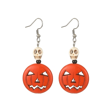 Synthetic Turquoise Pumpkin & Skull Dangle Earrings, 316 Surgical Stainless Steel Jewelry for Halloween, Orange Red, 60.5x25mm