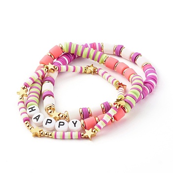 Handmade Polymer Clay Beads Stretch Bracelets Sets, with Brass Beads and Acrylic Enamel Beads, HAPPY, Pink, Inner Diameter: 2-1/8 inch(5.5cm), 3pcs/set