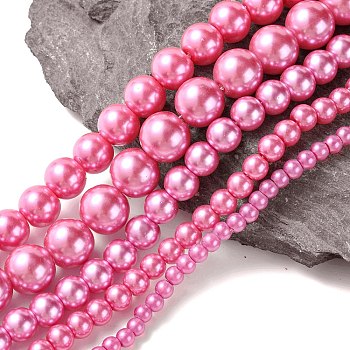 Dyed Glass Pearl Round Beads Strands, Hot Pink, 4mm/6mm/8mm/10mm/12mm, Hole: 1mm, about 70~216pcs/strand