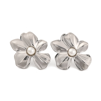 304 Stainless Steel with Plastic Imitation Pearl Stud Earrings for Women, Flower, Stainless Steel Color, 27x33mm