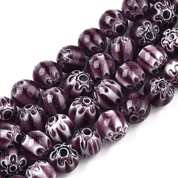 Round Millefiori Glass Beads Strands, Purple, 6mm, Hole: 1mm, about 67pcs/strand, 14.7 inch