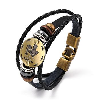 Braided Leather Cord Retro Multi-strand Bracelets, with Wood Beads, Hematite Beads and Alloy Findings, Flat Round,  Antique Bronze, Aquarius, 8-1/4 inch(21cm)