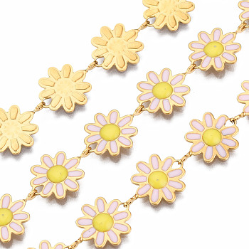 304 Stainless Steel & Enamel Link Chains, with Spool, Unwelded, Real 16K Gold Plated, Nickel Free, Flower, Pearl Pink, 13.5x10x1mm, about 16.4 Feet(5m)/roll