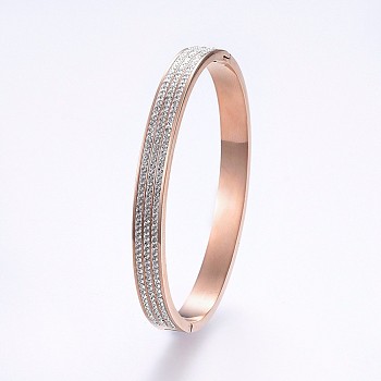 304 Stainless Steel Bangles, with Polymer Clay Rhinestone, Rose Gold, 2-3/8 inch(6cm)x2 inch(5cm), 7mm