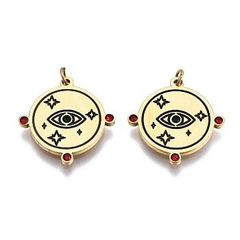 316 Surgical Stainless Steel Enamel Pendants, with Jump Rings and Siam Rhinestone, Flat Round with Eye & Star, Black, Real 14K Gold Plated, 15x15x1.5mm, Jump Ring: 2.7x0.4mm, 1.9mm inner diameter