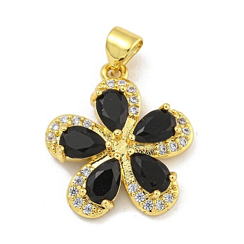 Rack Plating Brass Micro Pave Cubic Zirconia Pendants, Cadmium Free & Lead Free, Long-Lasting Plated, Real 18K Gold Plated, Flower, Black, 20x18x4mm, Hole: 3.5x5mm