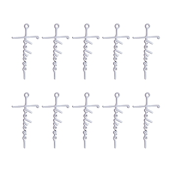 10Pcs Believe Cross Charm Pendant Cross Faith Charm Necklace Stainless Steel Pendant for Christian Religious Jewelry Gifts Making, Stainless Steel Color, 40.7x20.5mm, Hole: 2mm