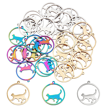 30Pcs 3 Colors 304 Stainless Steel Pendants, Ring with Cat, Mixed Color, 27x25x1.5mm, Hole: 1.4mm, 10pcs/color