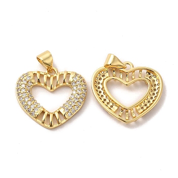 Brass Micro Pave Cubic Zirconia Pendants, Heart Charms, Golden, Clear, 18.5x19.5x2.5mm, Hole: 5.5x3.5mm