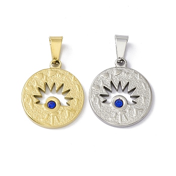 304 Stainless Steel Pendants, with Sapphire Rhinestone, Flat Round with Horse Eye, Mixed Color, 21x8x2mm, Hole: 6.5x3mm