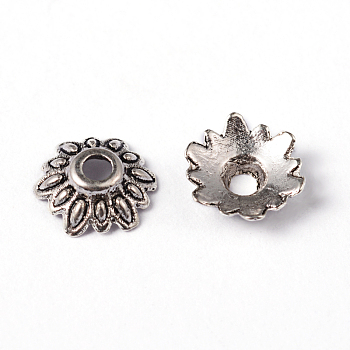 Tibetan Style Bead Caps, Lead Free & Cadmium Free, Flower, Antique Silver, 8x2.5mm, Hole:2mm