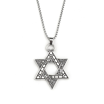 201 Stainless Steel Chain, Zinc Alloy Pendant Necklaces, Star Of David, Antique Silver & Stainless Steel Color, 23.50 inch(59.7cm)