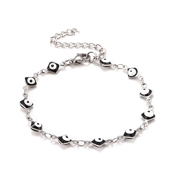 Enamel Rhombus with Evil Eye Link Chains Bracelet, 304 Stainless Steel Jewelry for Women, Stainless Steel Color, Black, 6-5/8 inch(16.8cm)