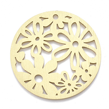 Aluminium Big Pendants, Laser Cut Big Pendants, Flat Round with Flower, Golden, 50x1mm, Hole: 3mm