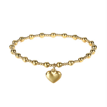 Heart Stainless Steel Bead Stretch Bracelets for Women, Real 18K Gold Plated, 6-3/4 inch(17cm)