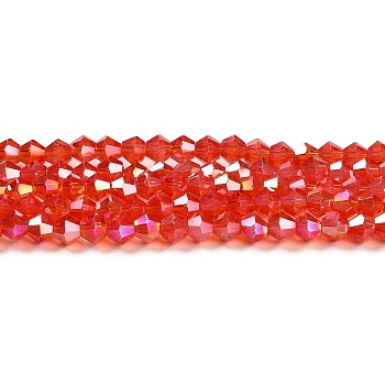 Transparent Electroplate Glass Beads Strands, AB Color Plated, Faceted, Bicone, Red, 3x2.5mm, Hole: 0.7mm, about 162~185pcs/strand, 12.76~14.61 inch(32.4~37.1cm)