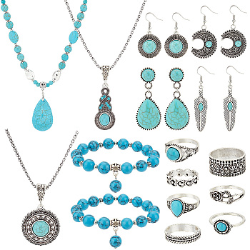 PandaHall Elite Synthetic Turquoise Pendant Necklace & Stretch Bracelets & Dangle Earrings & Ring Jewelry Sets, with Alloy Findings, Mixed Color, Necklaces: 19.92~22.44 inch(50.6~56cm), 3 style, 1pc/style, 3pcs