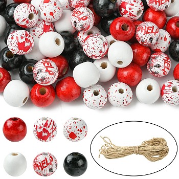 Halloween Theme Printed Natural Wooden Beads, with Jute Cord, Mixed Color, 15.5~16x14.5~15mm, Hole: 3~7mm, 66pcs/set