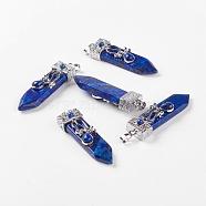 Dyed Natural Lapis Lazuli Big Pendants, with Alloy Findings, Arrow, Platinum, 56~58x16x10mm, Hole: 5x7mm(G-G718-A13)