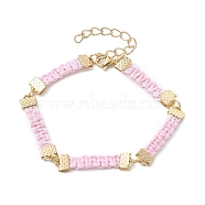 Braided Waxed Polyester Rectangle Link Chain Bracelets, with Real 18K Gold Plated 304 Stainless Steel Clasps, Pink, 6-3/4 inch(17.3cm)(BJEW-JB10000-02)