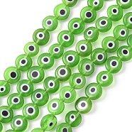 Handmade Evil Eye Lampwork Flat Round Bead Strands, Lime Green, 8x3.2mm, Hole: 1mm, about 49pcs/strand, 14.56 inch(LAMP-L058-8mm-02)