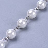 Handmade Dyed Glass Pearl Beaded Chains, Unwelded, with Iron Eye Pin, Platinum, White, 39.37 inch, 1m/strand(AJEW-JB00486-01)