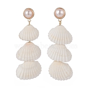 Natural Spiral Shell & Shell Pearl Dangle Stud Earrings, Brass Long Drop Earrings for Women, Golden, 65mm, Pin: 0.6mm(EJEW-TA00168)