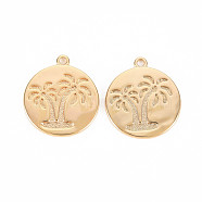 Brass Pendants, Nickel Free, Flat Round with Coconut Tree, Real 18K Gold Plated, 16x14x1.5mm, Hole: 1.2mm(KK-T062-146G-NF)
