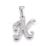 304 Stainless Steel Pendants, with Rhinestone, Letter, Letter.K, 19.5x18x2mm, Hole: 3~3.5x7.5~8mm(STAS-F202-16P-K)