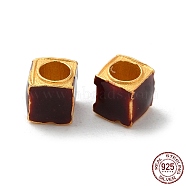 Matte Gold Color 925 Sterling Silver Beads, with Enamel, Square, Dark Red, 5x5x5mm, Hole: 3mm(STER-M113-23B-03MG)