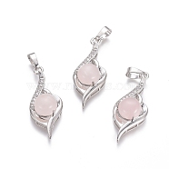 Natural Rose Quartz Pendants, with Platinum Tone Brass Findings and Crystal Rhinestone, Flower, 37.3x15x9.8mm, Hole: 7x4.5mm(G-L512-G11)