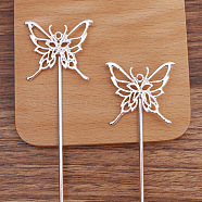 Iron Hair Stick Finding, with Alloy Butterfly, Silver, 135mm, Pin: 2.5mm(OHAR-PW0001-301S)